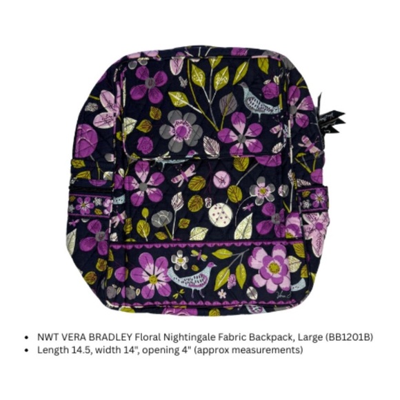 Vera Bradley “Floral Nightengale” Large Fabric Backpack. NWT - Picture 2 of 9